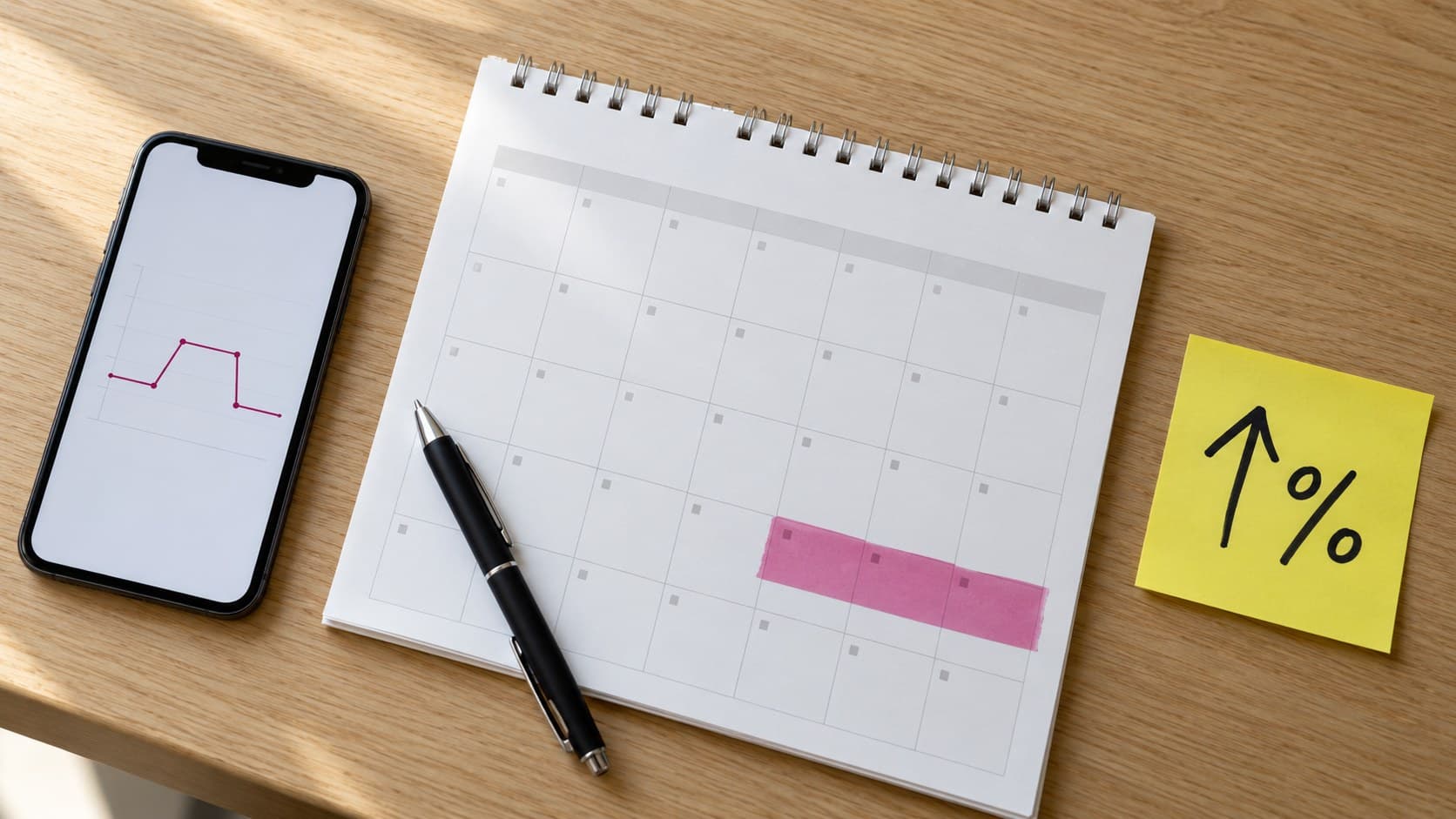 Calendário com três dias marcados, post-it com seta e porcentagem e celular mostrando o lance que sobe no período e volta