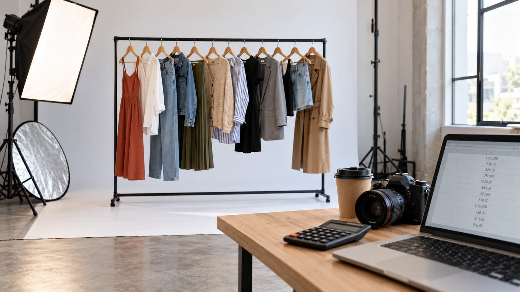 Estúdio de foto de moda com arara de 12 peças, softbox, câmera e planilha de custos