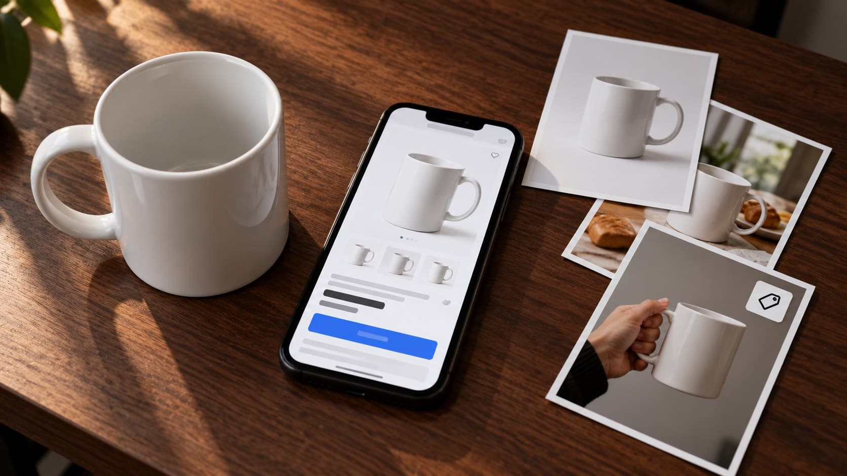 Caneca real, anúncio no celular e três variações de foto, uma com a marcação de imagem gerada por IA