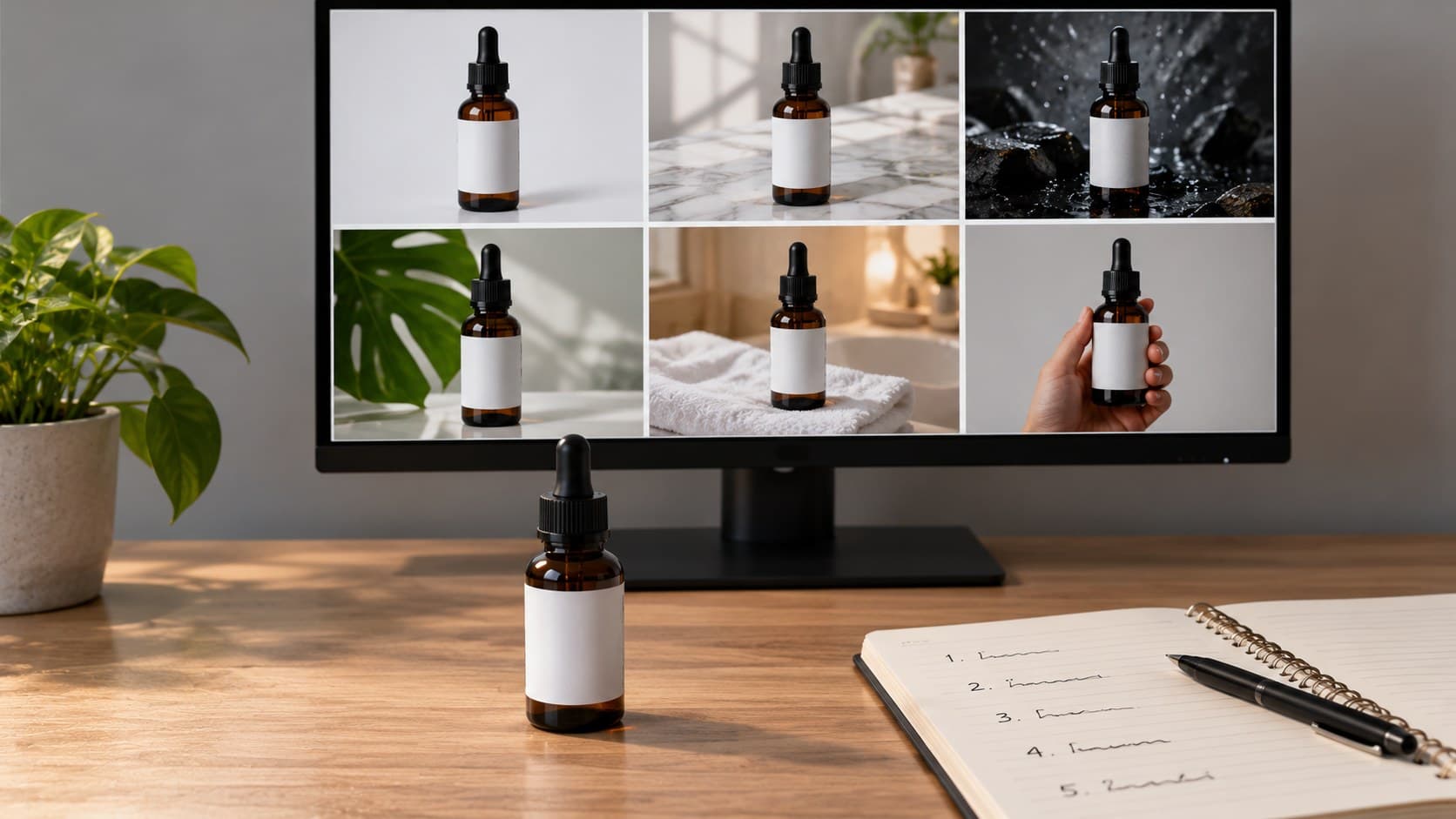 Frasco de sérum real na mesa, seis variações do mesmo frasco na tela e caderno com os cinco blocos do prompt